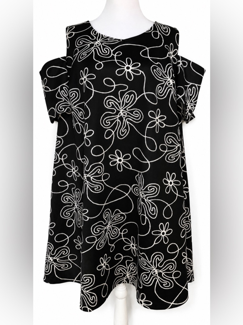 NWT Robbie Bee Cold Shoulder Floral Swirl Shift Dress 2X Black Ivory
